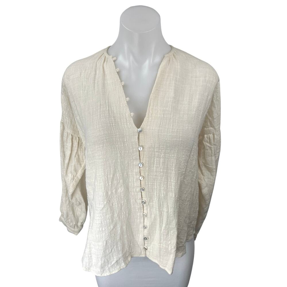Zara Womens Beige Cotton Long Sleeve V-Neck Button Down Shirt Blouse Top Size XS